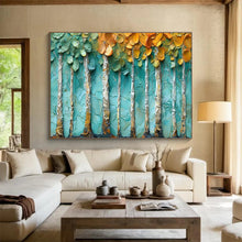 Load image into Gallery viewer, Textured Birch “Teal Grove” Painting on Canvas, Impasto Forest Art DKH822