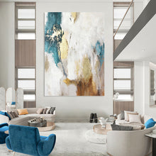 Load image into Gallery viewer, “Turquoise - Gold Abstract Flow” Abstract Painting on Canvas, Artistic Foyer Decor DKH1014