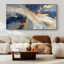 Load image into Gallery viewer, Blue & Gold Swirl Abstract Canvas Painting, Perfect for Coastal Bedroom & Luxury Spa Lounge LargeART1265
