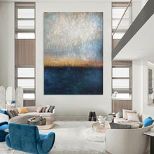 Load image into Gallery viewer, Blue, Gray & Gold Coastal Sunset Abstract Painting, Ideal for Beach House Living Room & Relaxing Balcony Area LargeART1983
