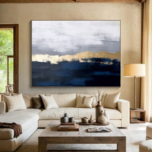 Load image into Gallery viewer, Blue and Gold Abstract Painting on Canvas - “Coastal Horizons” DKH784