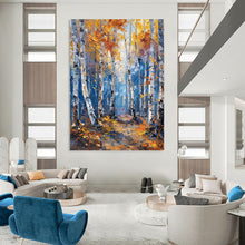 Load image into Gallery viewer, “Autumn Birch Forest” - Golden, Blue, and White Landscape Art on Canvas DKH1406