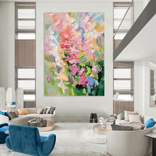 Load image into Gallery viewer, “Vibrant Floral Impasto” - Pink, Blue, and Green Flower Art on Canvas DKH1403