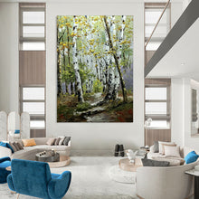 Load image into Gallery viewer, Green & Yellow Birch Forest Abstract Painting, Ideal for Nature - Lover’s Living Room & Cozy Reading Nook LargeART2093