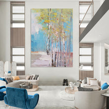 Load image into Gallery viewer, “Colorful Birch Grove Abstract” - Blue, Green, Yellow Landscape Art on Canvas DKH1300