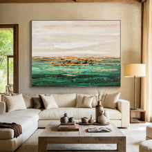 Load image into Gallery viewer, Green - Hued Coastal Abstract Painting on Canvas - “Golden Shores” DKH648