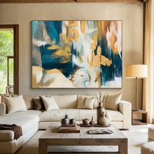Load image into Gallery viewer, Hand - Painted Turquoise & Gold Abstract Acrylic Art for Sophisticated Dining Area LargeART1636