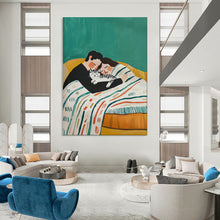 Load image into Gallery viewer, Green - Yellow Abstract Family Scene Painting, Ideal for Cozy Living Room & Warm Bedroom LargeART2043