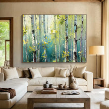 Load image into Gallery viewer, Sunlit Birch Forest Abstract Painting on Canvas - “Green Sanctuary” DKH670