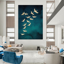 Load image into Gallery viewer, Teal & Gold Cranes Abstract Painting, Ideal for Elegant Dining Room & Cultural Art Gallery LargeART1919