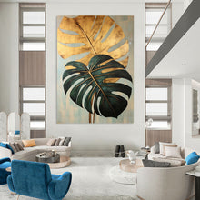 Load image into Gallery viewer, Tropical Abstract Leaf Art, Gold - Accented Green Painting for Coastal Bedroom & Jungle - Themed Lounge LargeART2195