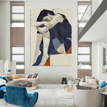 Load image into Gallery viewer, Cubist Abstract Figure Art, Geometric Blue - Toned Painting for Contemporary Living Room & Thought - Provoking Office LargeART2214