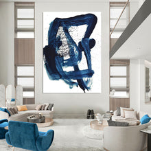 Load image into Gallery viewer, “Indigo Whirl” - Deep blue, dynamic brushstrokes with black splatters DTP161