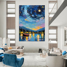 Load image into Gallery viewer, Colorful Starry Night Boat Abstract Painting, Ideal for Coastal Home Office & Dreamy Guest Bedroom LargeART1886