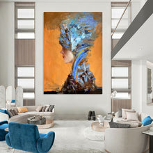 Load image into Gallery viewer, “Color - Stacked Headdress Figure” – Orange background, with blue, brown, and other colors stacked to form a headdress and clothing. DTP348