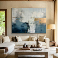 Load image into Gallery viewer, Oversized Hand - painted Blue - Gray and Gold Abstract Fusion Acrylic Art for Luxe - Themed Living Rooms LargeART0245