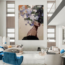 Load image into Gallery viewer, “Floral Veil” ,Soft beige background, with a figure whose face is obscured by loose, painterly purple, white, and green flowers. DTP309