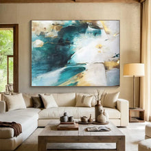 Load image into Gallery viewer, Hand - Painted Turquoise & Gold Abstract Acrylic Art for Luxury Living Room Wall LargeART1635