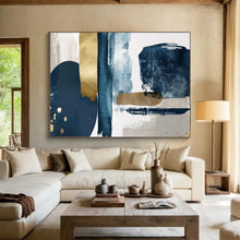 Load image into Gallery viewer, Hand - painted Navy, Gold, and Gray Abstract Forms Acrylic Art for Elegant Home Dining Rooms LargeART1720