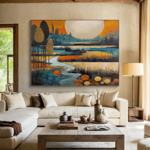 Load image into Gallery viewer, Stylized Landscape with Big Moon Abstract acrylic painting DLZ086