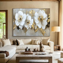 Load image into Gallery viewer, Hand - painted White Flowers with Gold Leaves Acrylic Art for Elegant Dining Rooms LargeART1705