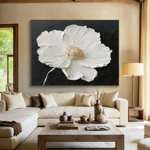 Load image into Gallery viewer, Textured White Flower on Black Abstract acrylic painting DLZ091