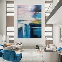 Load image into Gallery viewer, “Colorful Sky Over Blue Waters” - Pink, Blue, Yellow, White Abstract Art on Canvas DKH1232