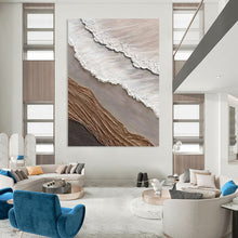 Load image into Gallery viewer, “Multi - Material Coastal Collage” – White, brown, gray, and other colors, with fabric and plaster to mimic a coastal scene. DTP344