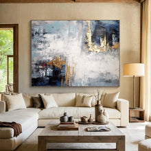 Load image into Gallery viewer, Blue - Gray with Gold Accents Abstract Art - Great for Sophisticated Home Office & Luxury Hotel Suite LargeART0696