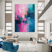 Load image into Gallery viewer, “Pink - Teal Fusion” – Pink, Teal & Blue Abstract Acrylic with Textured Blocks DTP061