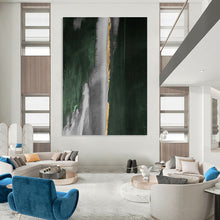 Load image into Gallery viewer, “Gold Strip Green and Grey” - Green, Grey, Gold Abstract Art on Canvas DKH1203