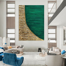 Load image into Gallery viewer, “Gold and Emerald Half - Moon” - Green, Gold Abstract Art on Canvas DKH1219