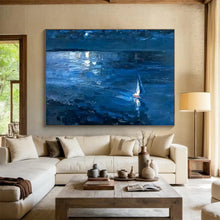 Load image into Gallery viewer, Hand - painted Large - sized Night Sky with Sailboat Acrylic Art for Serene Bedrooms LargeART1784