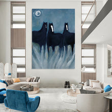 Load image into Gallery viewer, “Mystic Black Horses in Moonlight” - Symbolic Equine Art on Canvas DKH1444
