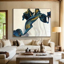 Load image into Gallery viewer, Blue - Gold Flowing Shapes Abstract Art for Elegant Dining Room & Modern Bedroom DKH160