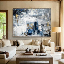 Load image into Gallery viewer, Blue Gray Gold Abstract Hand-Painted Abstract Acrylic Art for Modern Living Room Edge LargeART1623
