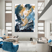 Load image into Gallery viewer, Gold & Blue Abstract Splash – Energetic Acrylic Painting DTP234