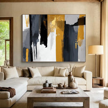 Load image into Gallery viewer, Hand - painted Gray, Black, and Gold Brushstrokes Acrylic Art for Modern Office Conference Rooms LargeART1719