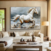 Load image into Gallery viewer, Textured White Horse “Galloping Grace” Painting on Canvas, Dynamic Equestrian Art DKH812