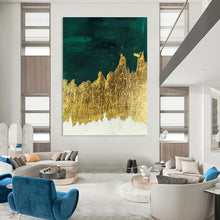 Load image into Gallery viewer, “Green and Gold Mountain Abstract” - Green, Gold, White Abstract Art on Canvas DKH1335