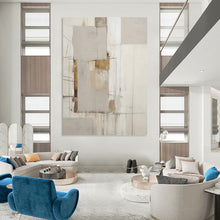 Load image into Gallery viewer, “Neutral Grid Abstract with Gold Accents” - Grey, White, Gold Abstract Art on Canvas DKH1316