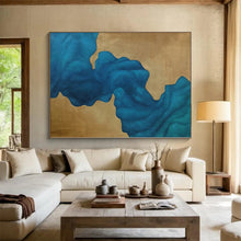 Load image into Gallery viewer, Oversized Blue and Gold Abstract Flow Acrylic for Luxury Hotel Lobby & Sophisticated Home Office LargeART0343