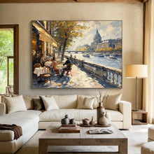 Load image into Gallery viewer, Charming Riverfront Café Abstract Painting on Canvas - “Parisian Afternoon” DKH666
