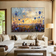 Load image into Gallery viewer, Blue Wildflower Meadow at Sunset Abstract Painting on Canvas - “Evening Blooms” DKH698