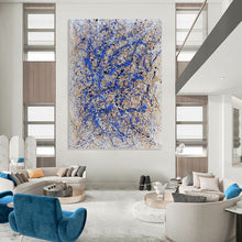 Load image into Gallery viewer, “Blue and White Drip Abstract on Beige” - Action - Painting - Style Art on Canvas DKH1580