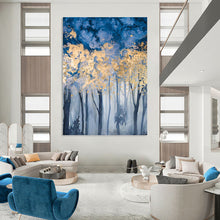 Load image into Gallery viewer, “Golden Canopy in Blue” Abstract Forest Painting on Canvas, Enchanted Woodland Art DKH936