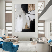 Load image into Gallery viewer, “Black - White - Gold Abstract Angles” Abstract Painting on Canvas, Sophisticated Dining Decor DKH1005