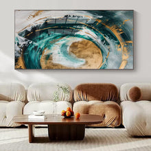 Load image into Gallery viewer, Teal, Gold & White Abstract Swirl Canvas Painting, Suited for Coastal - Inspired Living Room & Art - Filled Wellness Studio LargeART1250