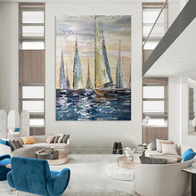Load image into Gallery viewer, Blue & White Sailboats Abstract Painting, Ideal for Coastal Living Room & Nautical Office LargeART2095