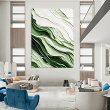 Load image into Gallery viewer, Green & White Textured Abstract Wave Painting, Ideal for Nature - Inspired Office & Serene Bathroom LargeART2069